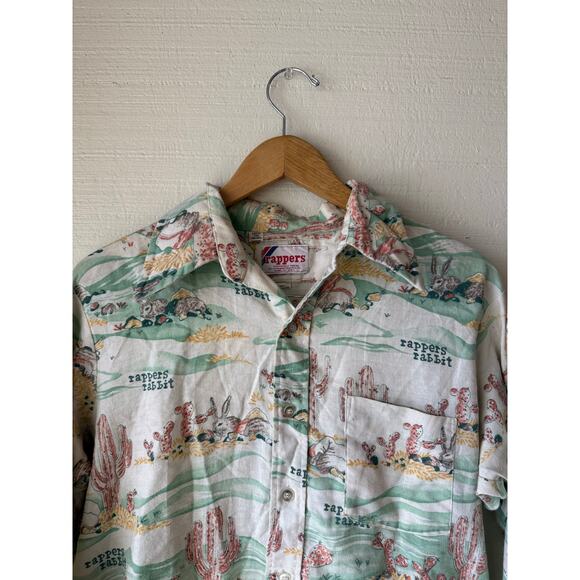 1970s Rappers Rabbit All Over Print Dagger Collar Button Up Shirt Size Large USA - Picture 3 of 7